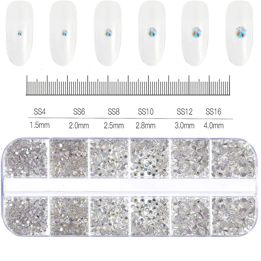 2400pcs+ Shiny Clear Crystal Gems Nail Rhinestones 1.5-4mm Mixed Round Glass Stone Flatback Nail Charms 12grids Nail Diamond DIY Econic Blanks